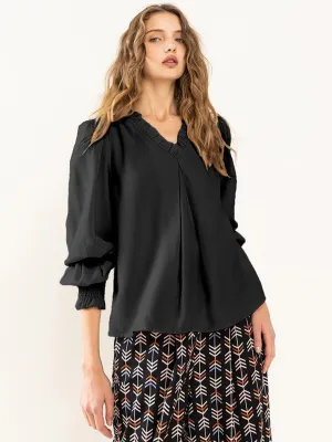WOMEN'S LONG SMOCK SLEEVE RUFFLE V-NECK BLOUSE TOP