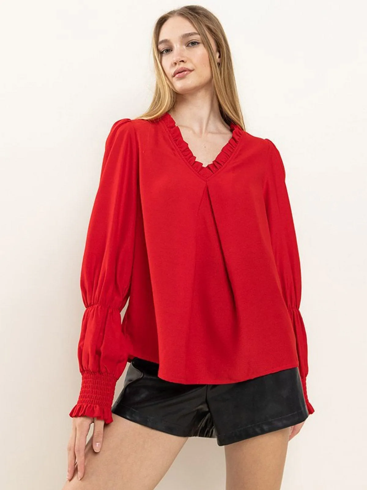WOMEN'S LONG SMOCK SLEEVE RUFFLE V-NECK BLOUSE TOP