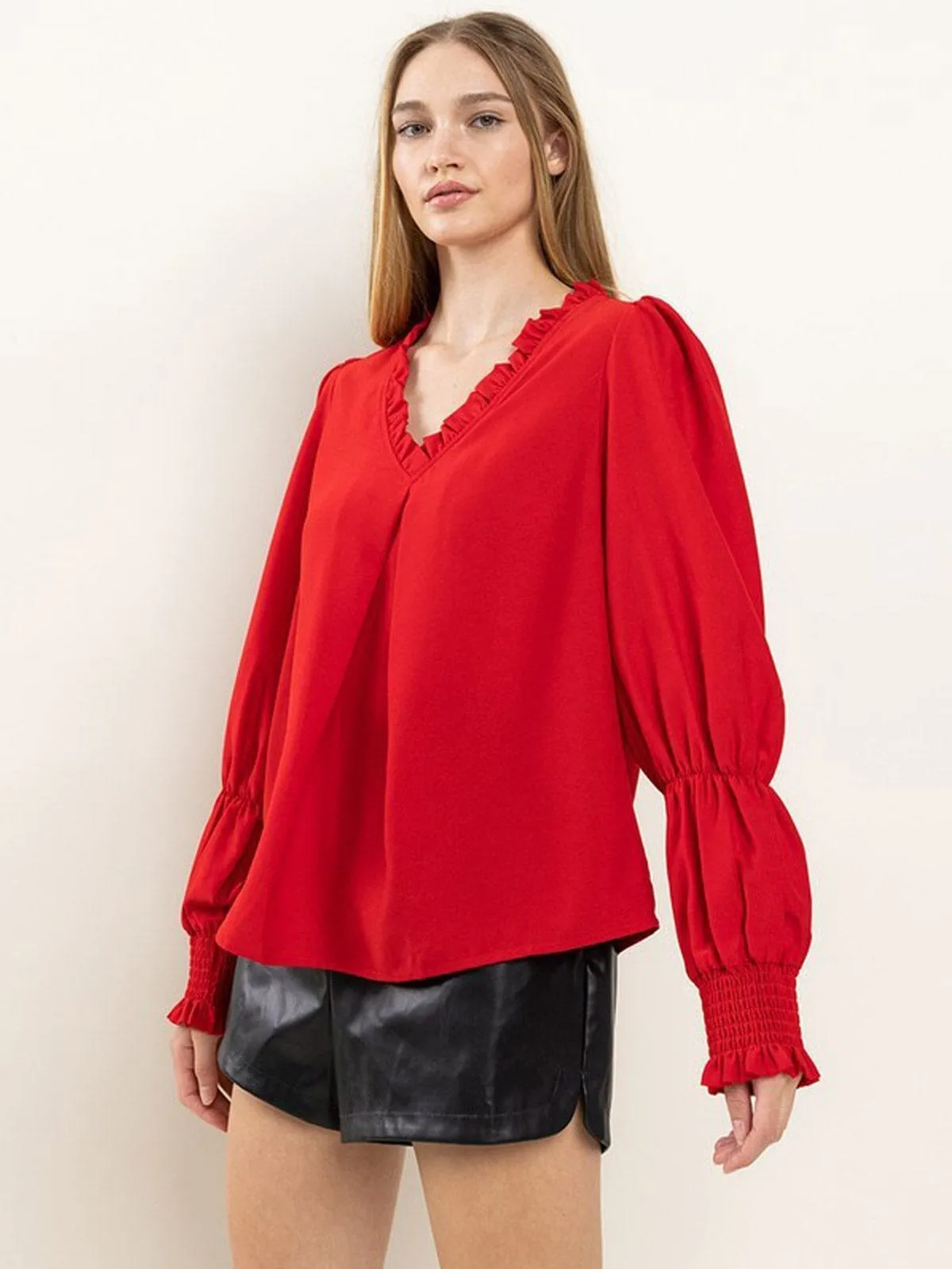 WOMEN'S LONG SMOCK SLEEVE RUFFLE V-NECK BLOUSE TOP