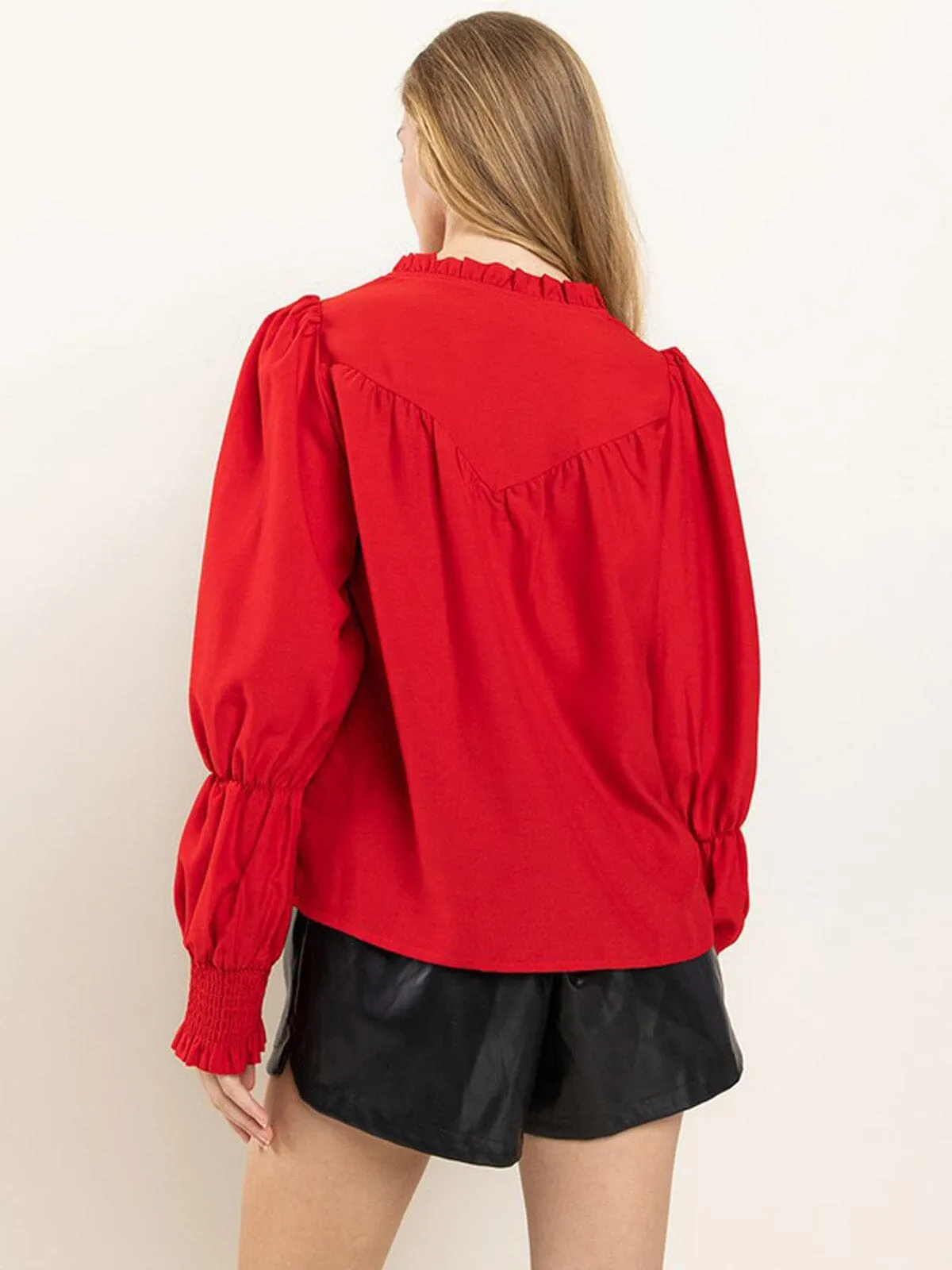 WOMEN'S LONG SMOCK SLEEVE RUFFLE V-NECK BLOUSE TOP