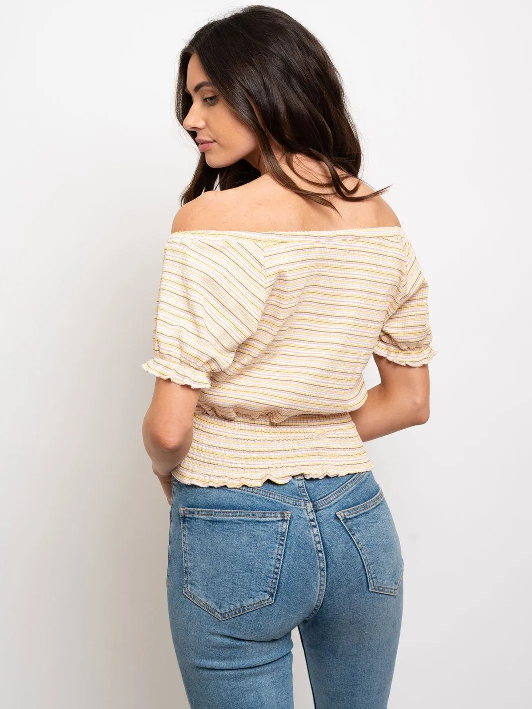 WOMEN'S MULTI STRIPES SQUARE NECK OFF SHOULDER TOP