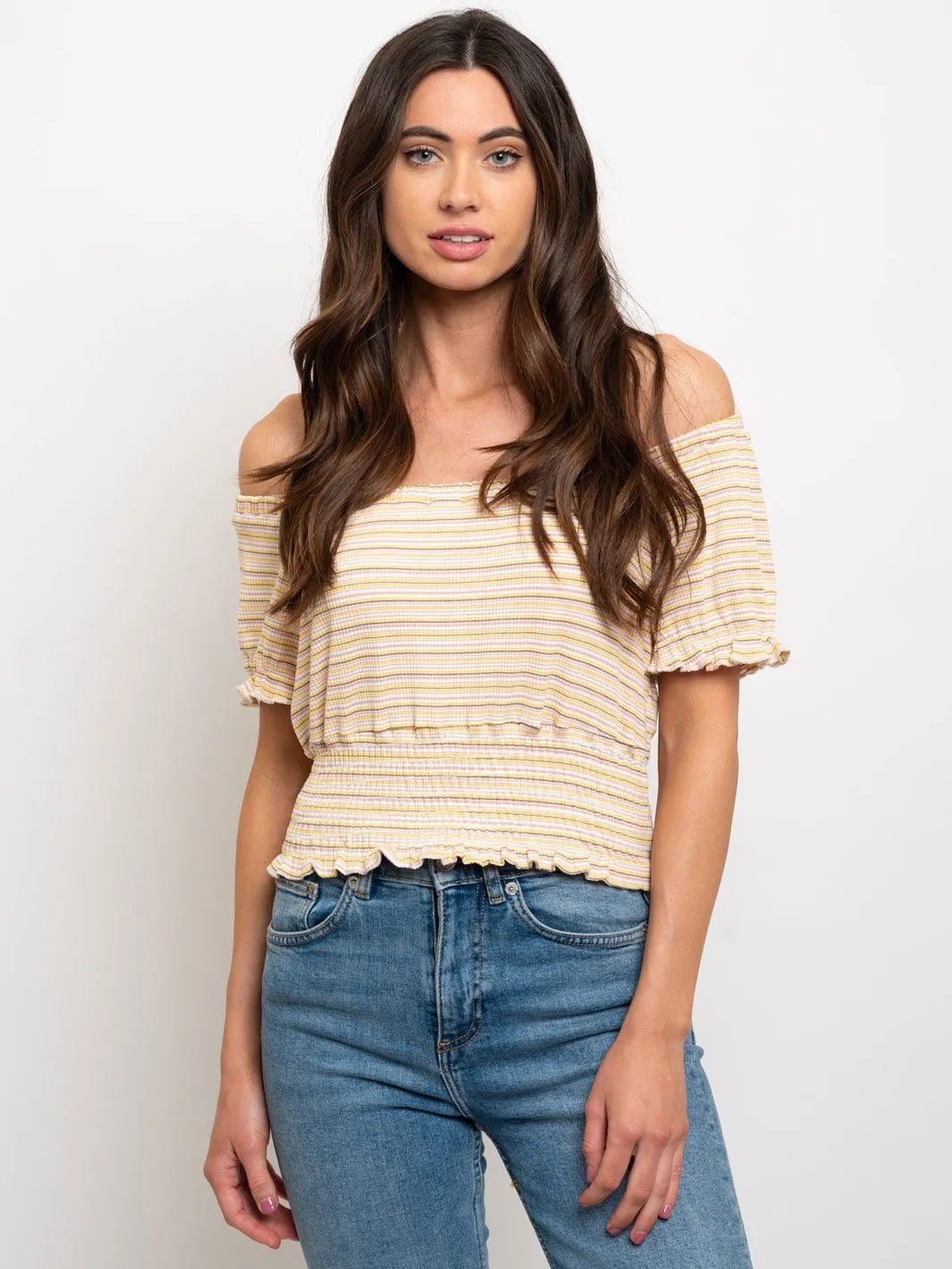 WOMEN'S MULTI STRIPES SQUARE NECK OFF SHOULDER TOP