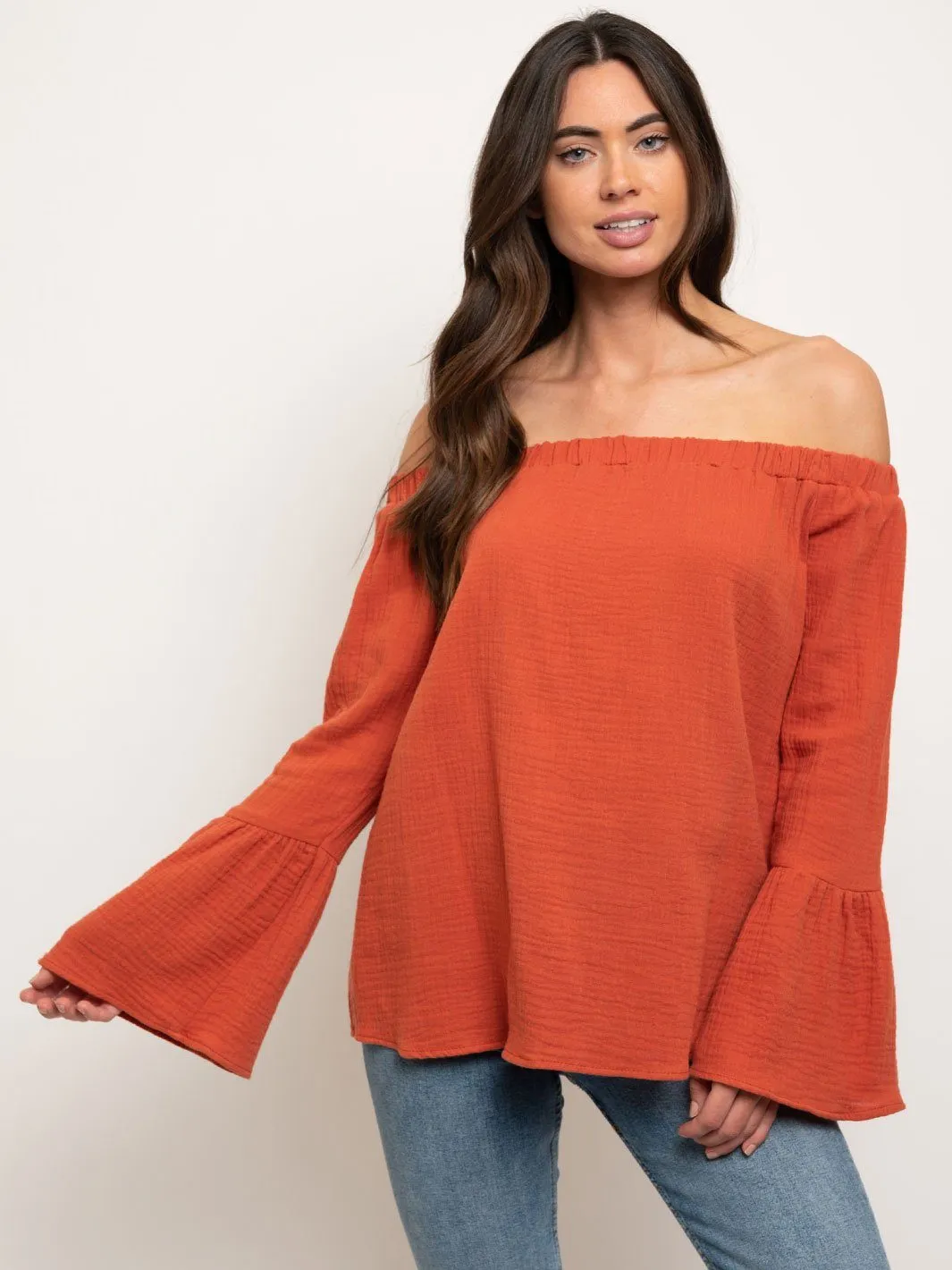 WOMEN'S OFF SHOULDER BELL SLEEVE TOP