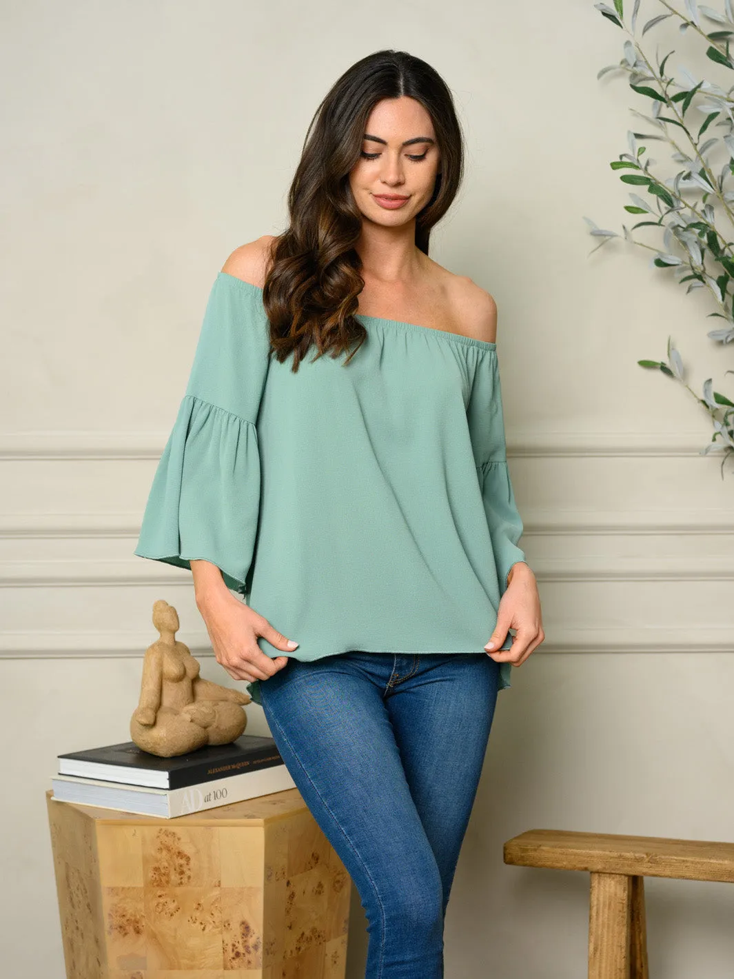 WOMEN'S OFF SHOULDER BELL SLEEVE TOP