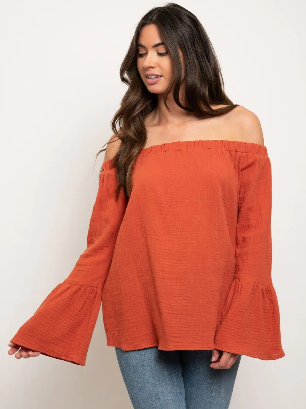 WOMEN'S OFF SHOULDER BELL SLEEVE TOP