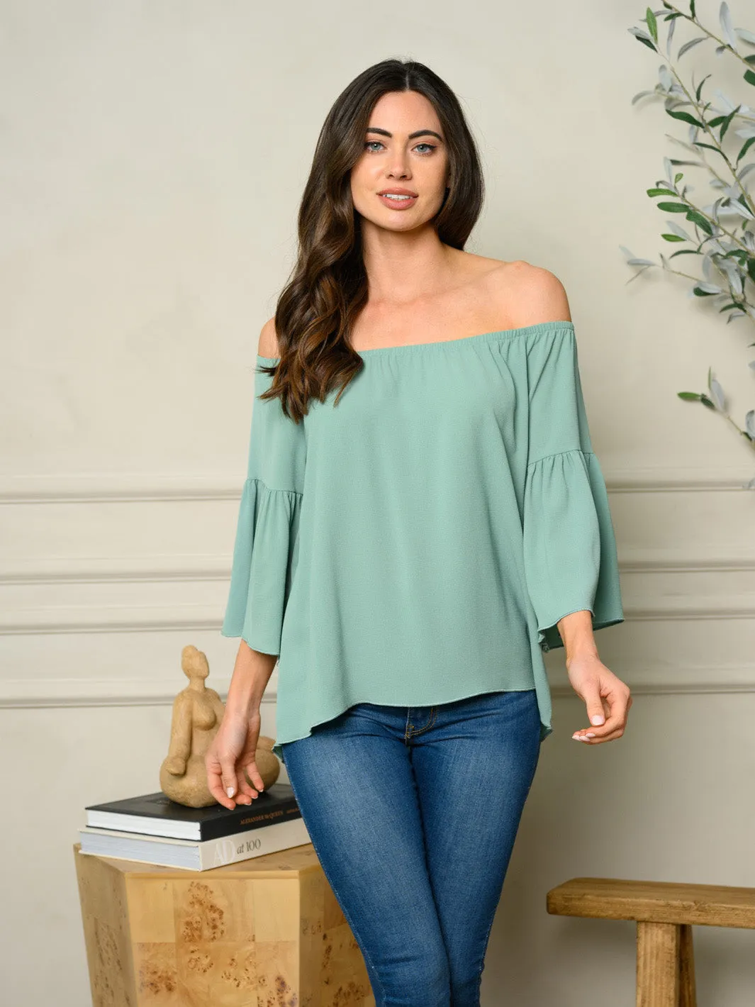 WOMEN'S OFF SHOULDER BELL SLEEVE TOP