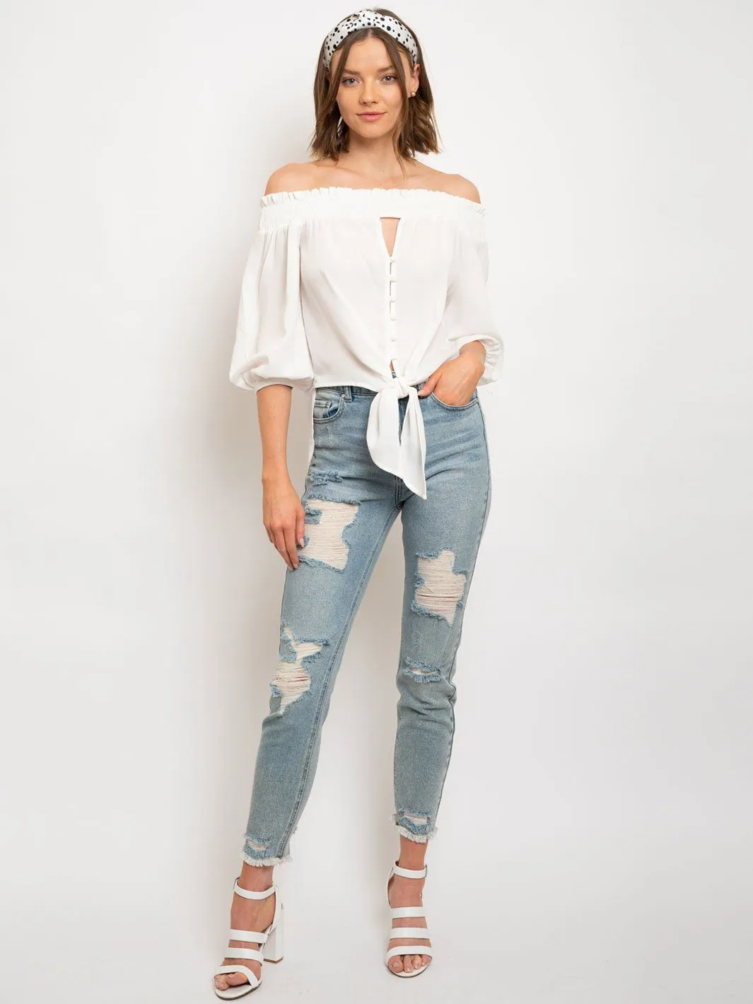 WOMEN'S OFF SHOULDER BUTTON UP FRONT TIE TOP