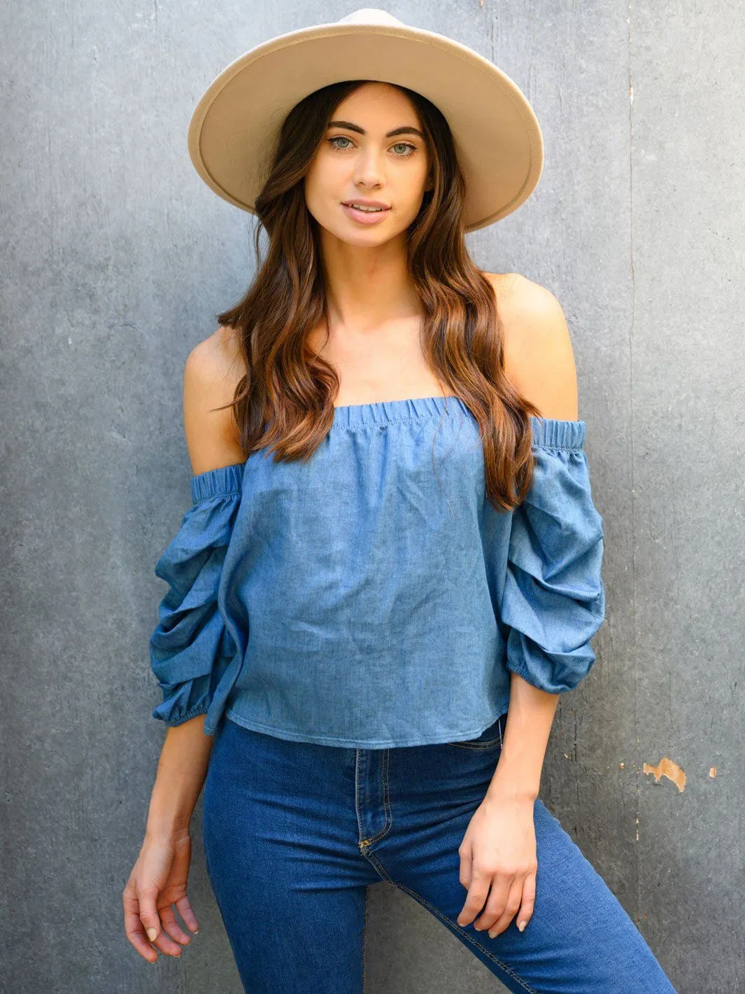 WOMEN'S OFF SHOULDER CHAMBRAY TOP