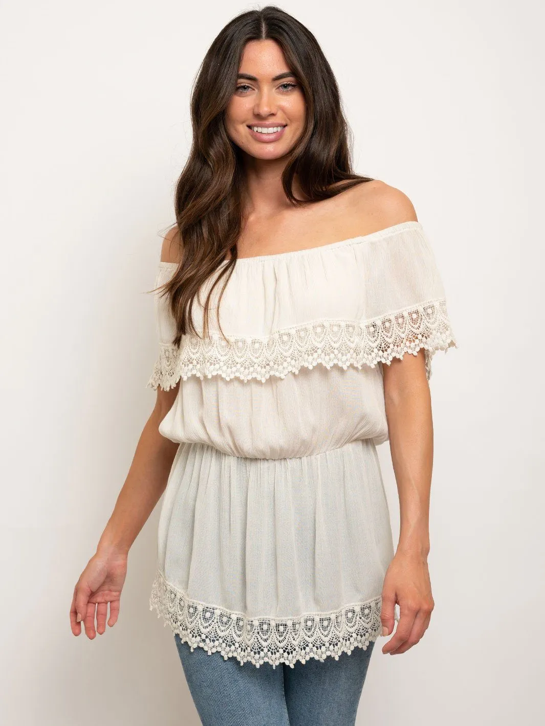WOMEN'S OFF SHOULDER CROCHET DETAIL TUNIC TOP