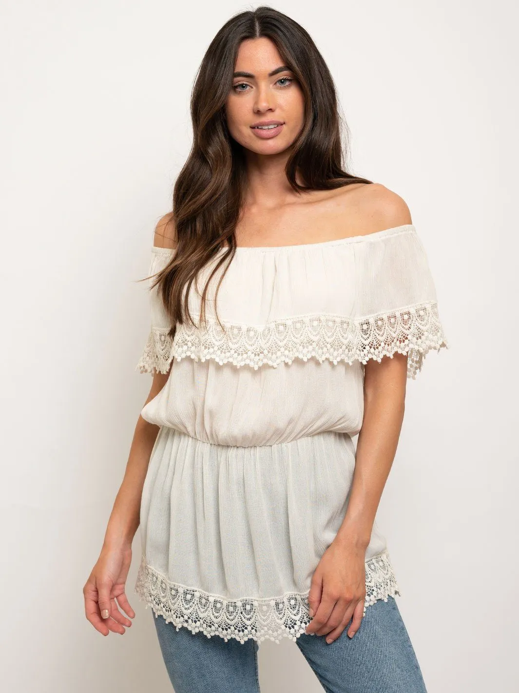 WOMEN'S OFF SHOULDER CROCHET DETAIL TUNIC TOP