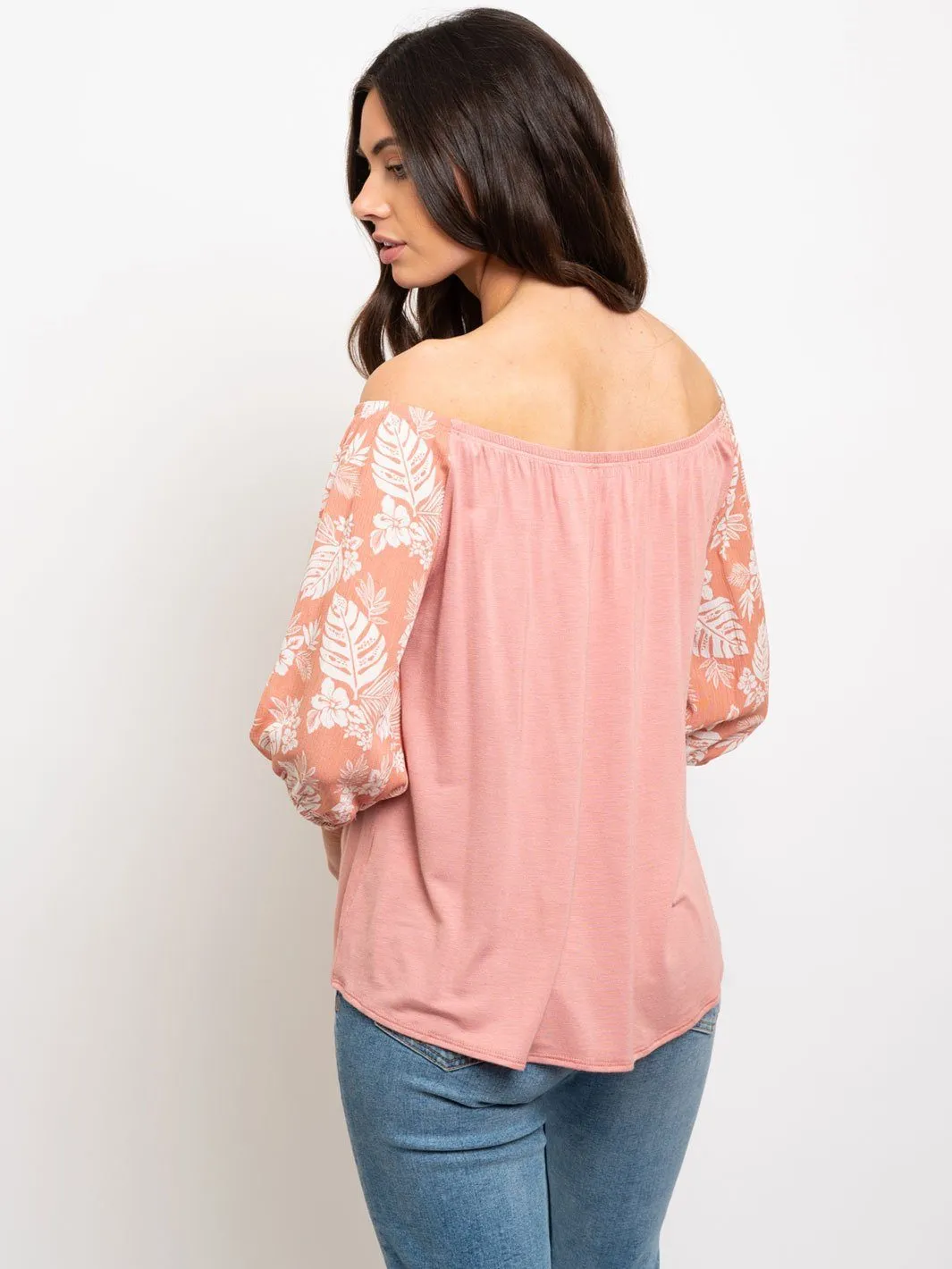 WOMEN'S OFF SHOULDER FRON TIE FLORAL SLEEVES TOP