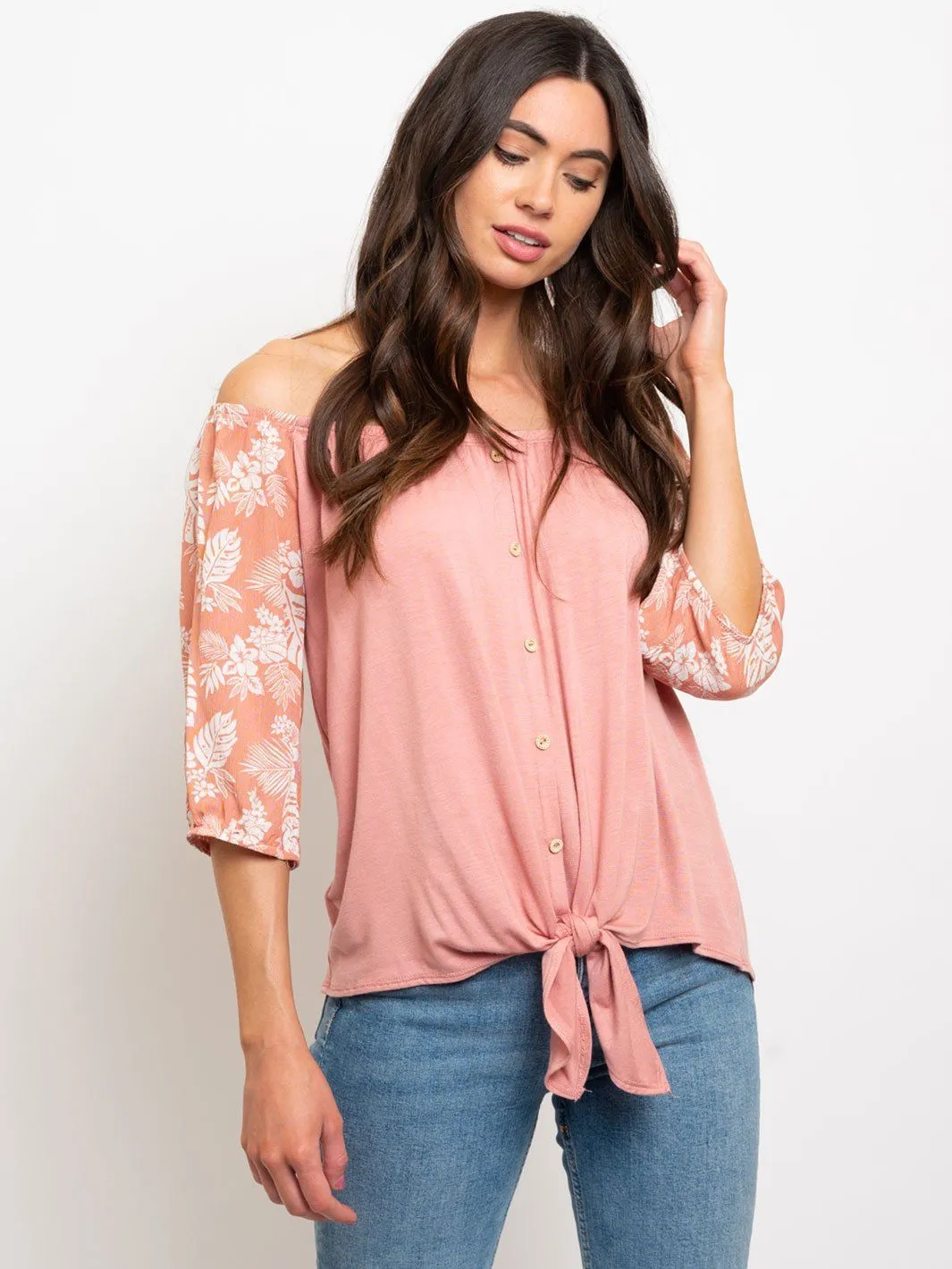 WOMEN'S OFF SHOULDER FRON TIE FLORAL SLEEVES TOP