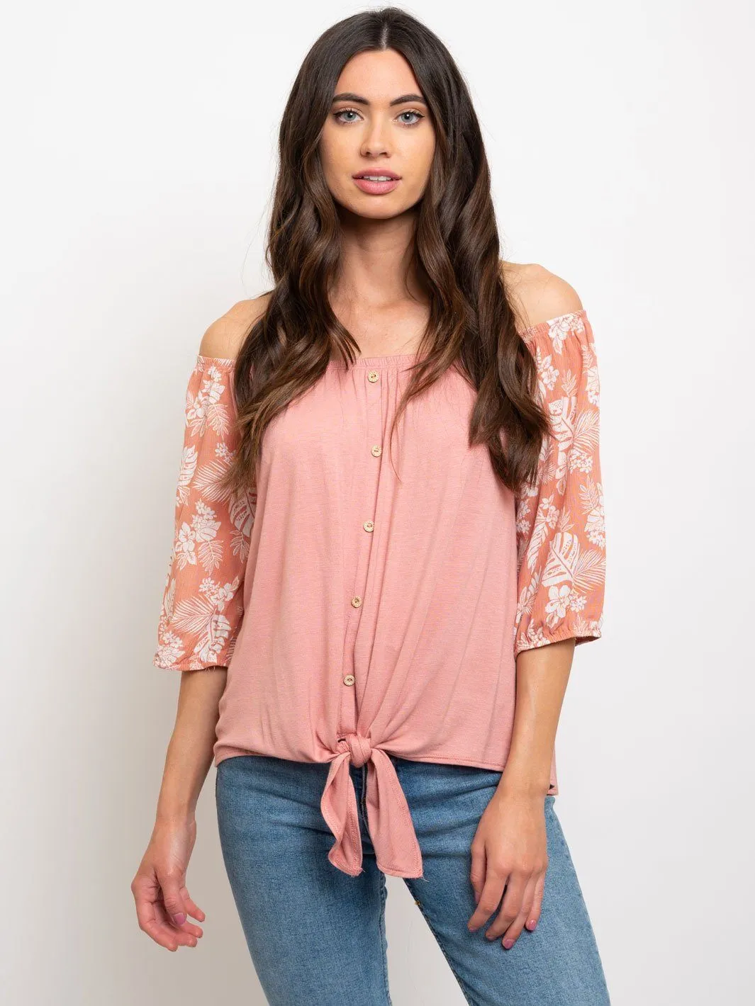 WOMEN'S OFF SHOULDER FRON TIE FLORAL SLEEVES TOP
