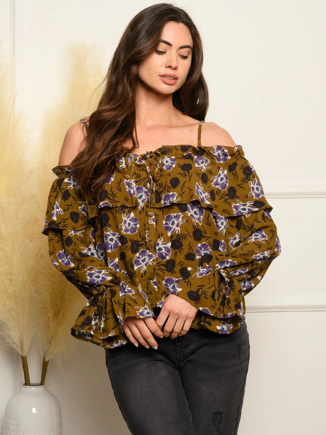 WOMEN'S OFF SHOULDER LONG SLEEVE FLORAL TOP