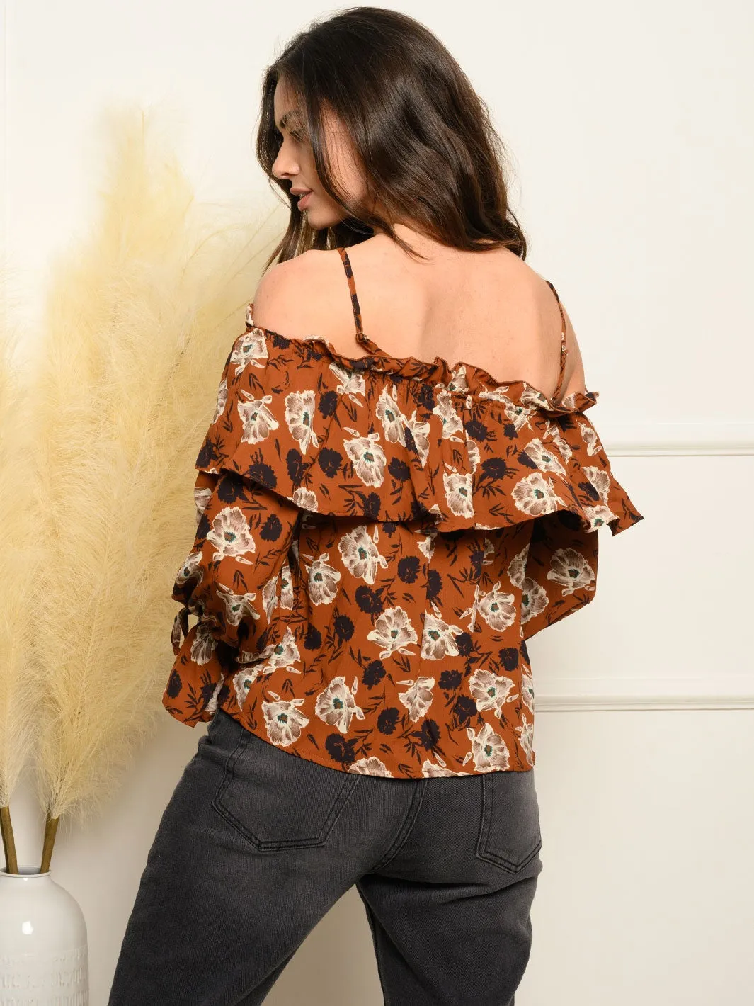 WOMEN'S OFF SHOULDER LONG SLEEVE FLORAL TOP