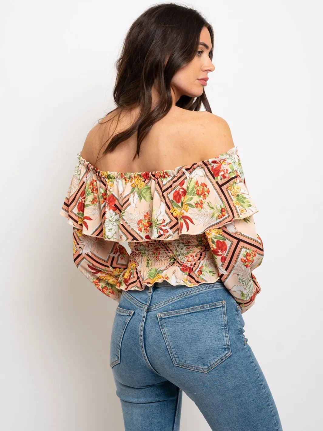 WOMEN'S OFF SHOULDER MULTI PRINT RUFFLE TOP
