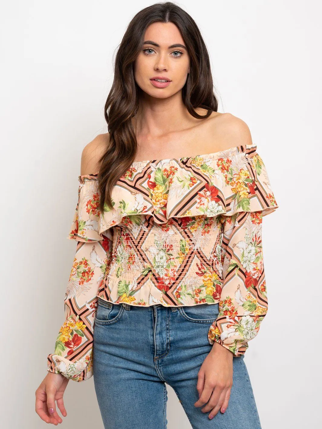 WOMEN'S OFF SHOULDER MULTI PRINT RUFFLE TOP