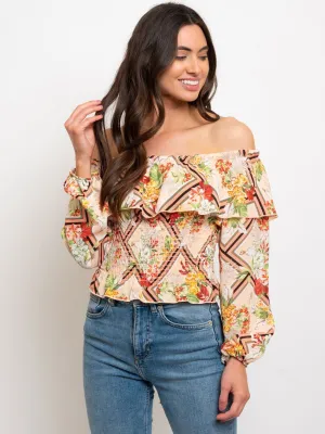 WOMEN'S OFF SHOULDER MULTI PRINT RUFFLE TOP