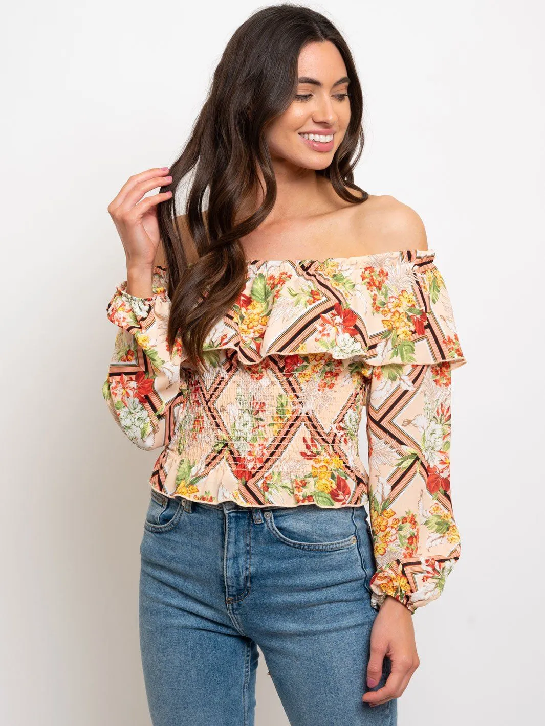 WOMEN'S OFF SHOULDER MULTI PRINT RUFFLE TOP