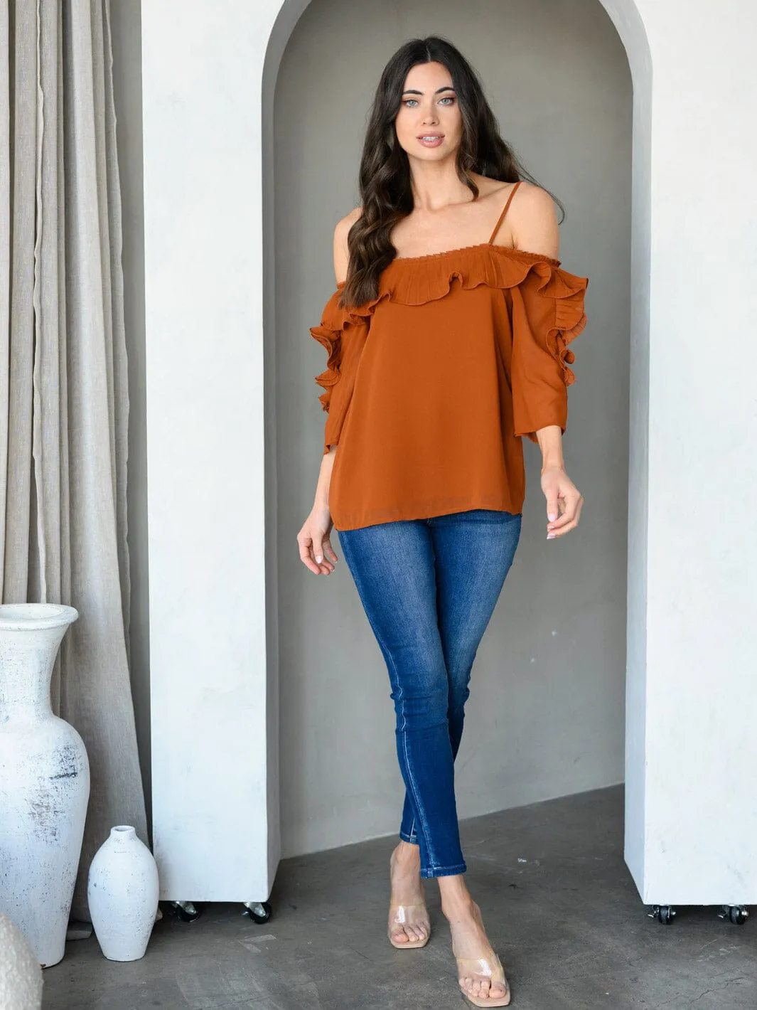 WOMEN'S OFF SHOULDER RUFFLE 3/4" SLEEVE TOP