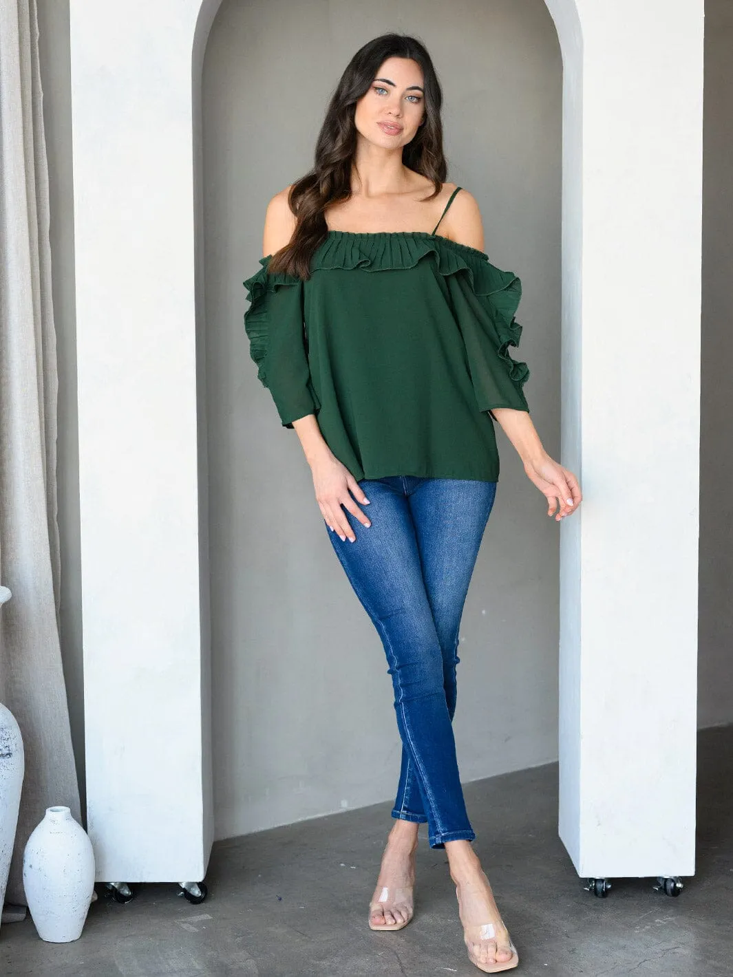 WOMEN'S OFF SHOULDER RUFFLE 3/4" SLEEVE TOP