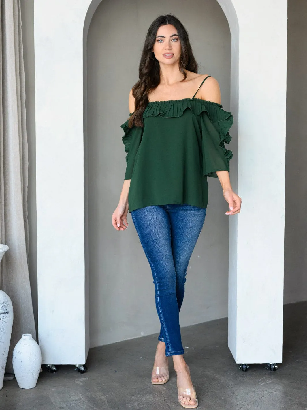 WOMEN'S OFF SHOULDER RUFFLE 3/4" SLEEVE TOP