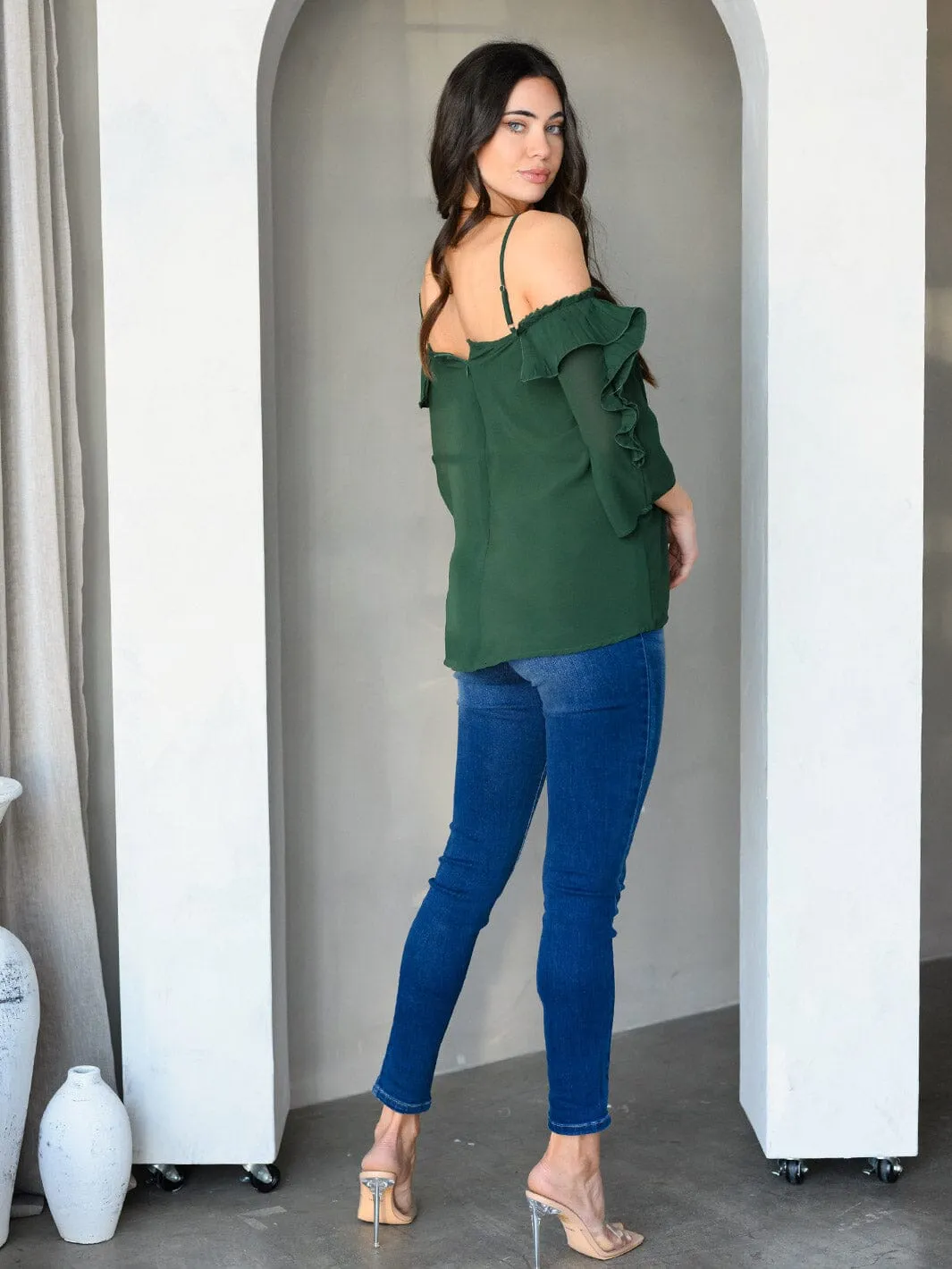 WOMEN'S OFF SHOULDER RUFFLE 3/4" SLEEVE TOP