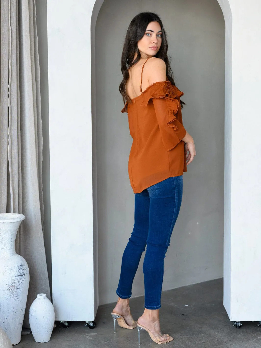WOMEN'S OFF SHOULDER RUFFLE 3/4" SLEEVE TOP