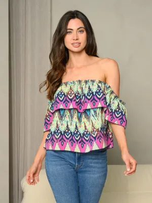 WOMEN'S OFF SHOULDER RUFFLE MULTI PRINT TOP