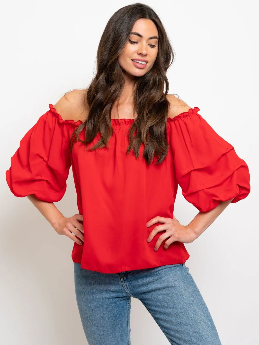 WOMEN'S OFF SHOULDER RUFFLE SLEEVE TOP