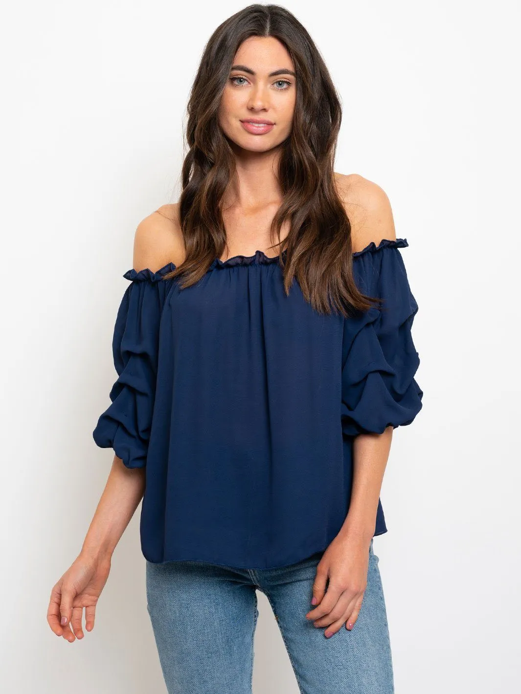 WOMEN'S OFF SHOULDER RUFFLE SLEEVE TOP