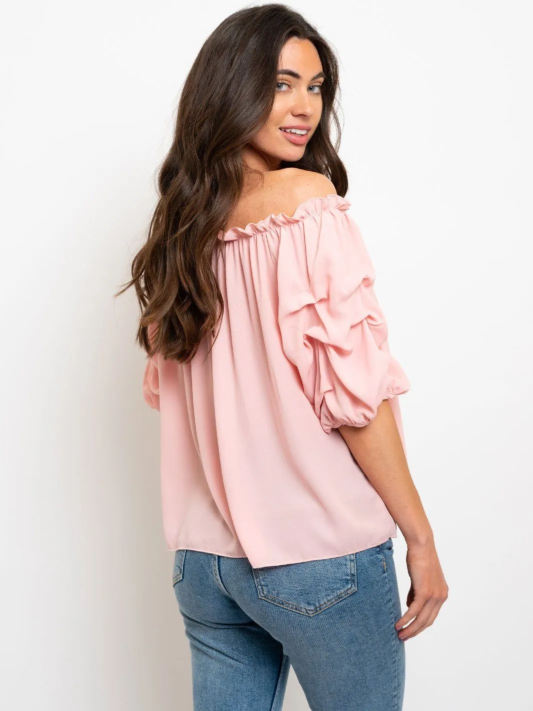 WOMEN'S OFF SHOULDER RUFFLE SLEEVE TOP