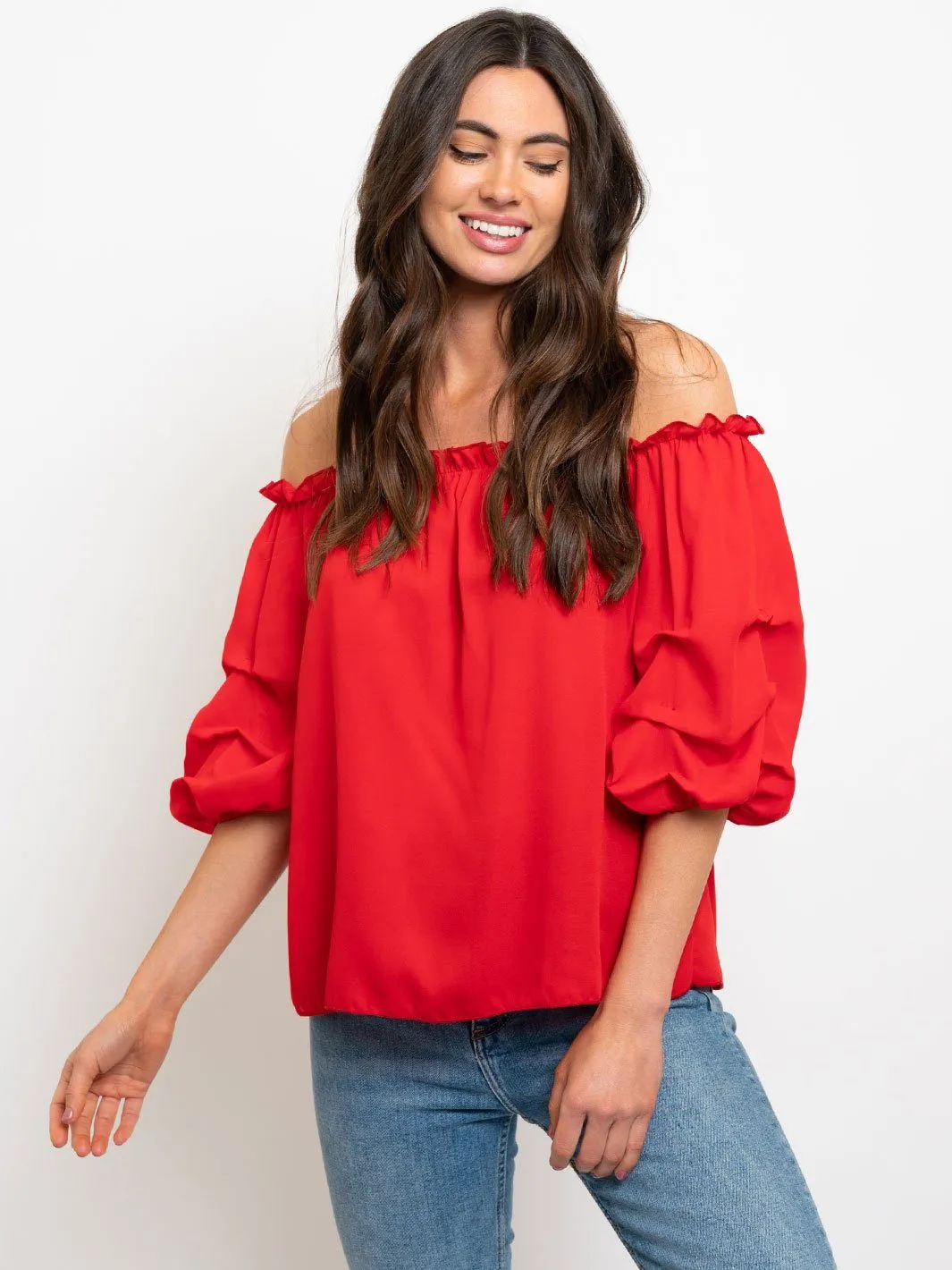 WOMEN'S OFF SHOULDER RUFFLE SLEEVE TOP