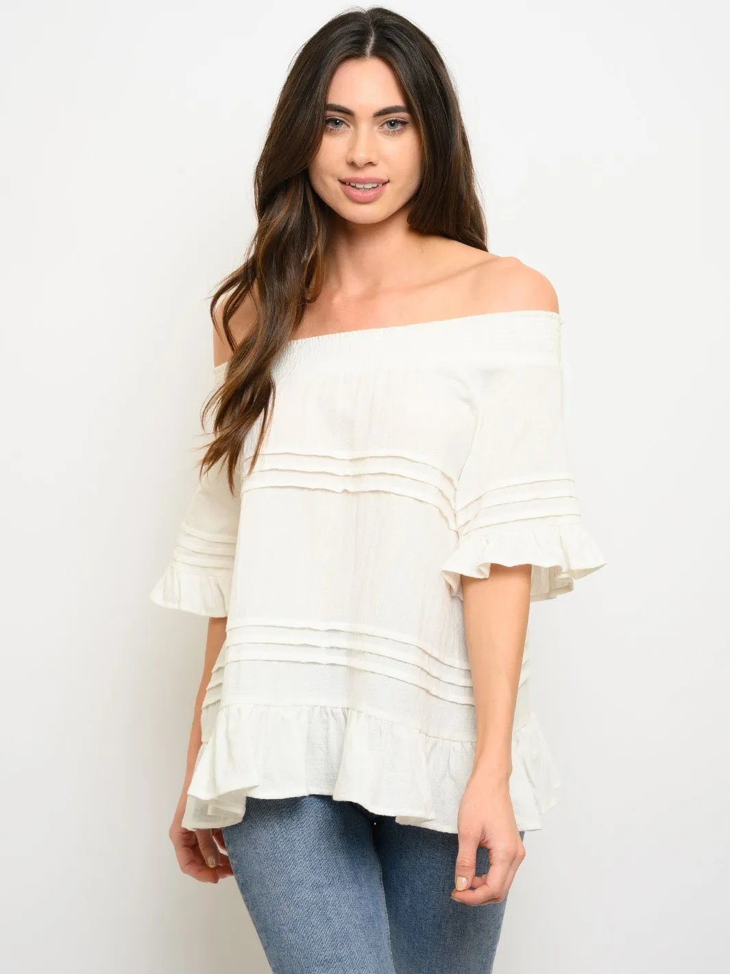 WOMEN'S OFF SHOULDER RUFFLE TOP