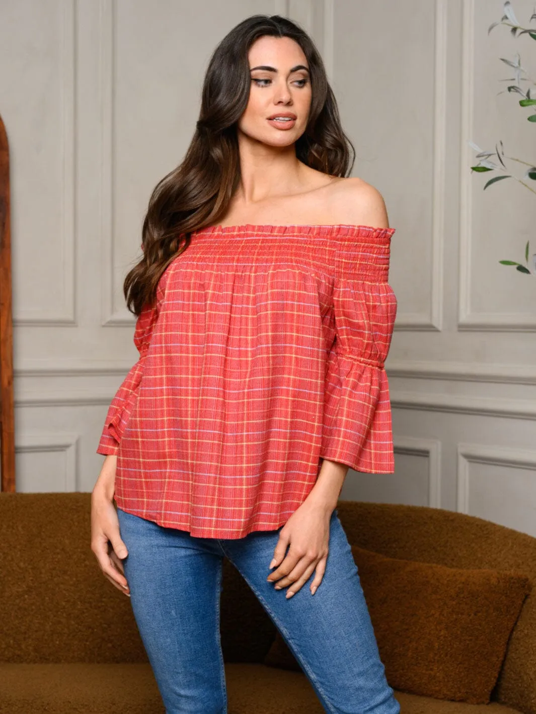 WOMEN'S OFF SHOULDER SMOCK TUNIC TOP