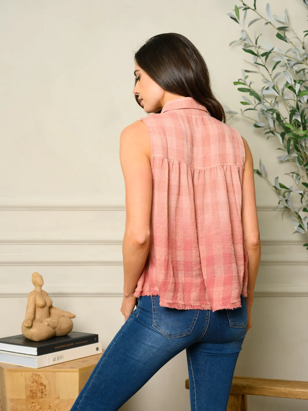 WOMEN'S OMBRE PLAID BUTTON UP TUNIC TOP