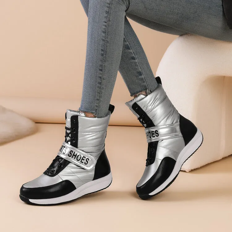 Women's Patchwork Plush Platform Wedges Down Waterproof Snow Boots