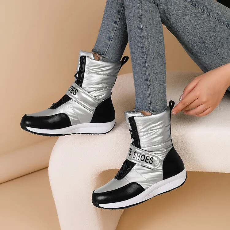 Women's Patchwork Plush Platform Wedges Down Waterproof Snow Boots