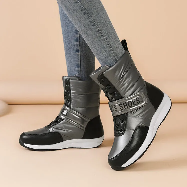 Women's Patchwork Plush Platform Wedges Down Waterproof Snow Boots