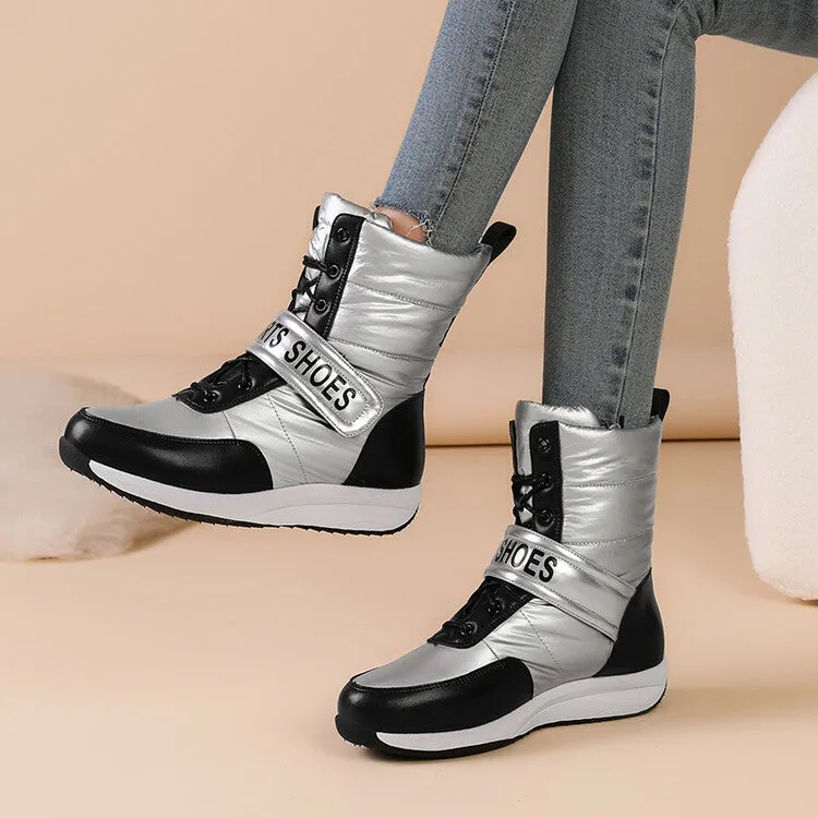 Women's Patchwork Plush Platform Wedges Down Waterproof Snow Boots