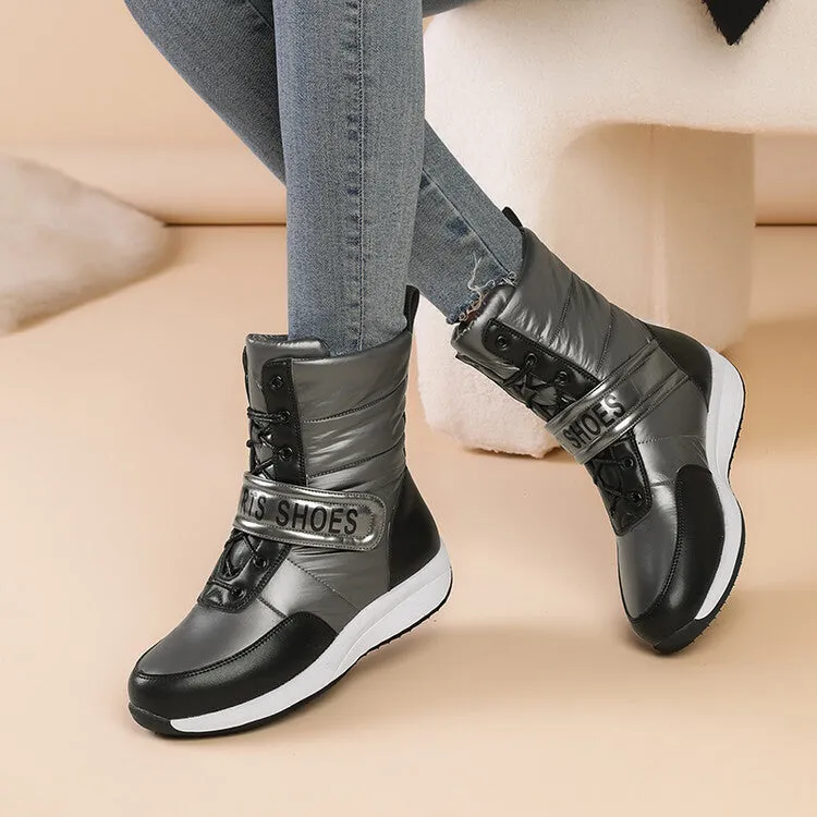 Women's Patchwork Plush Platform Wedges Down Waterproof Snow Boots