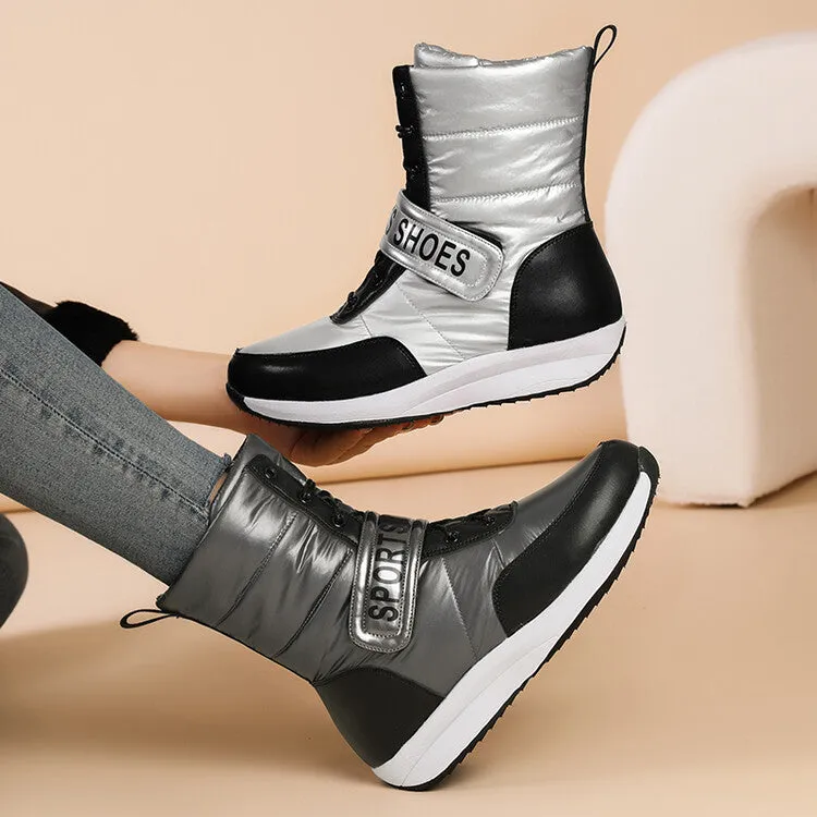 Women's Patchwork Plush Platform Wedges Down Waterproof Snow Boots