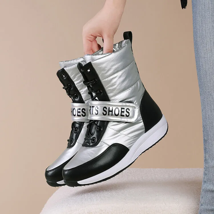 Women's Patchwork Plush Platform Wedges Down Waterproof Snow Boots