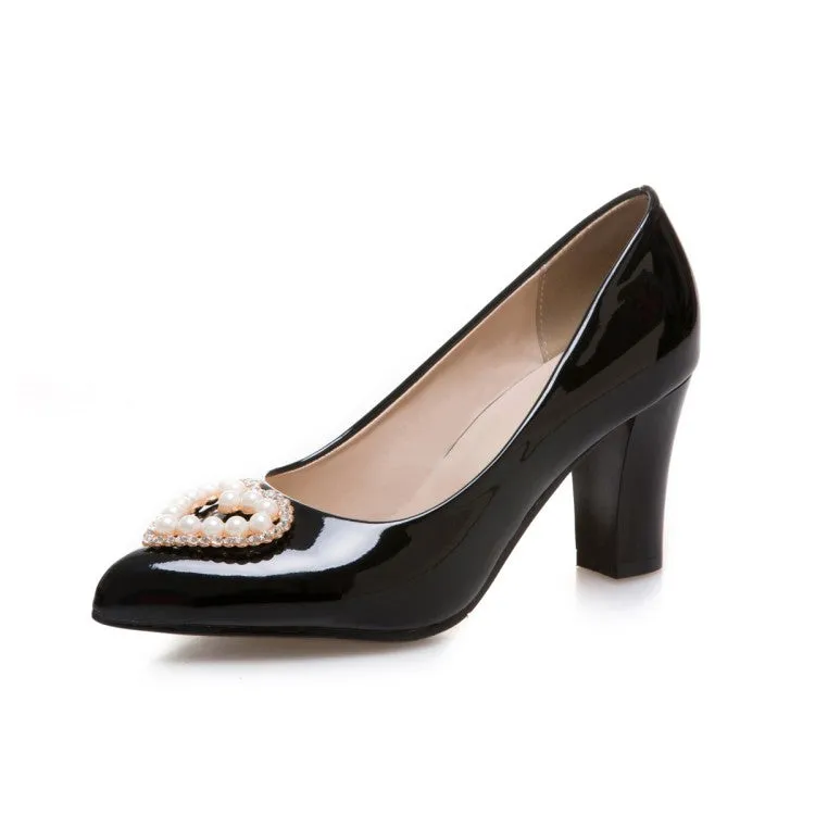Women's Pearl Block Heels Pumps Wedding Shoes