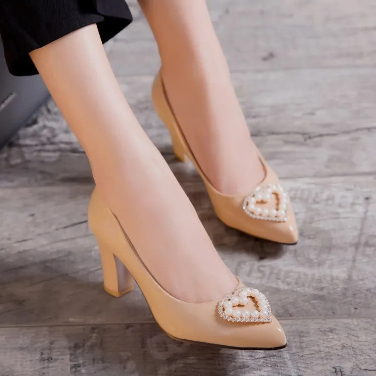 Women's Pearl Block Heels Pumps Wedding Shoes