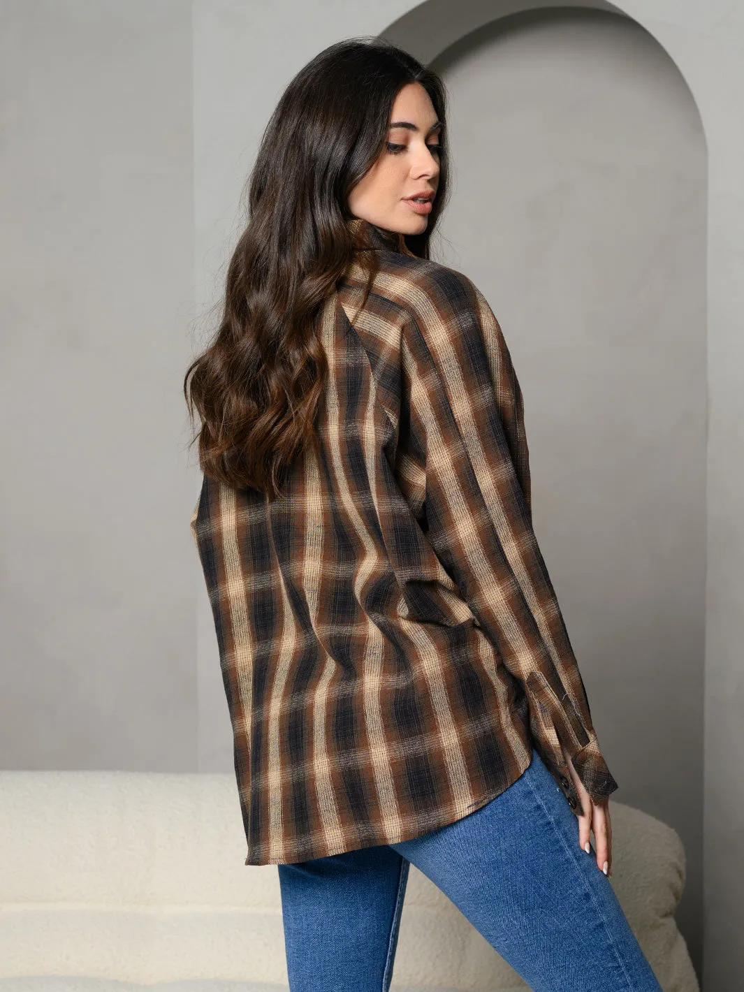 WOMEN'S PLAID BUTTON UP FLANNEL WITH FRONT POCKET LONG SLEEVE TOP