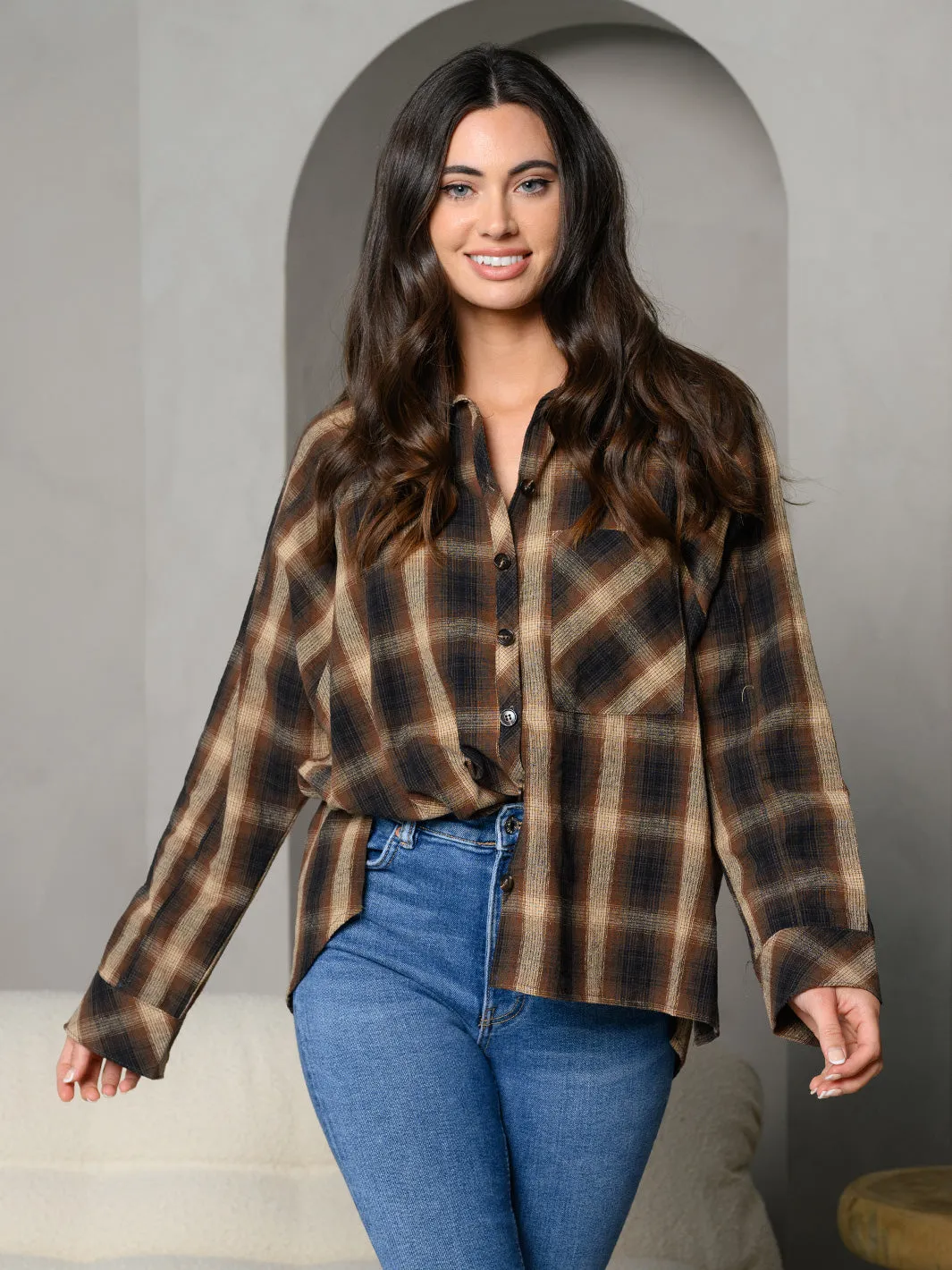 WOMEN'S PLAID BUTTON UP FLANNEL WITH FRONT POCKET LONG SLEEVE TOP