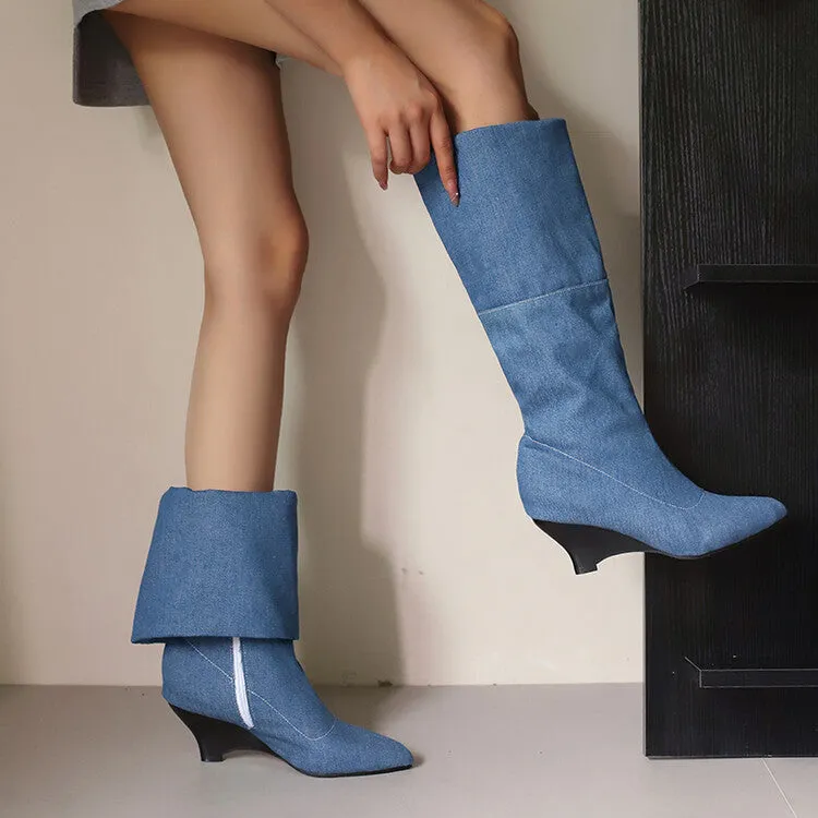 Women's Pointed Toe Wedge Heel Mid Calf Boots