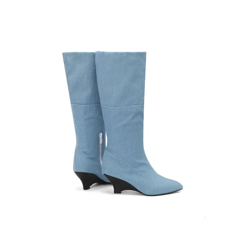 Women's Pointed Toe Wedge Heel Mid Calf Boots