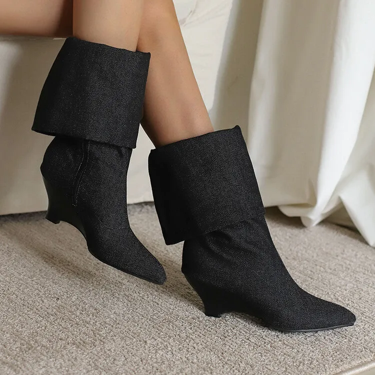 Women's Pointed Toe Wedge Heel Mid Calf Boots
